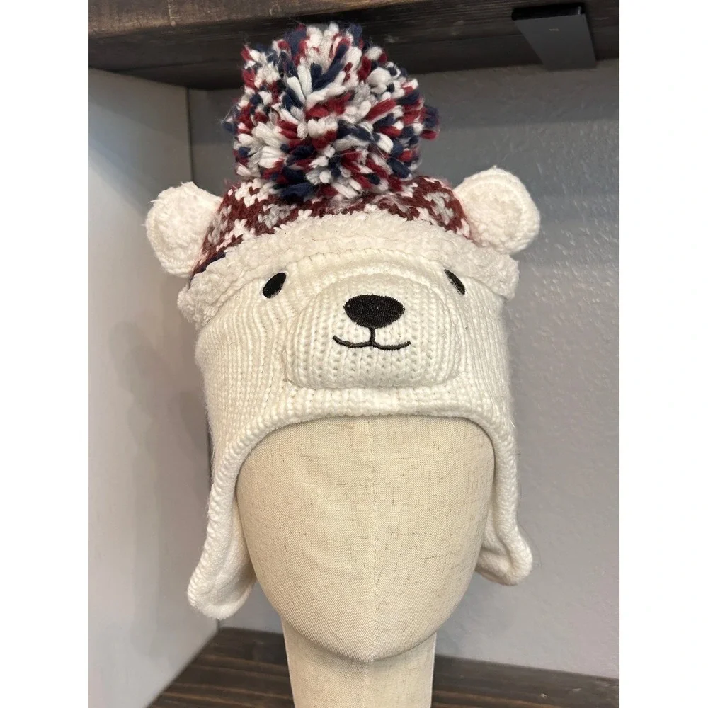 Polar Bear Knit Hat Beanie White Red Blue Pom Pom Winter Fall‎